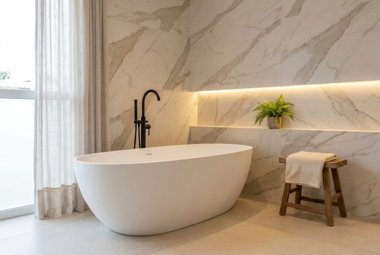 Banheira de imersão em banheiro com porcelanato