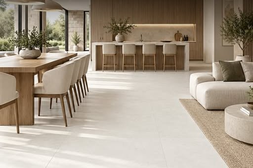 Sala integrada com piso claro